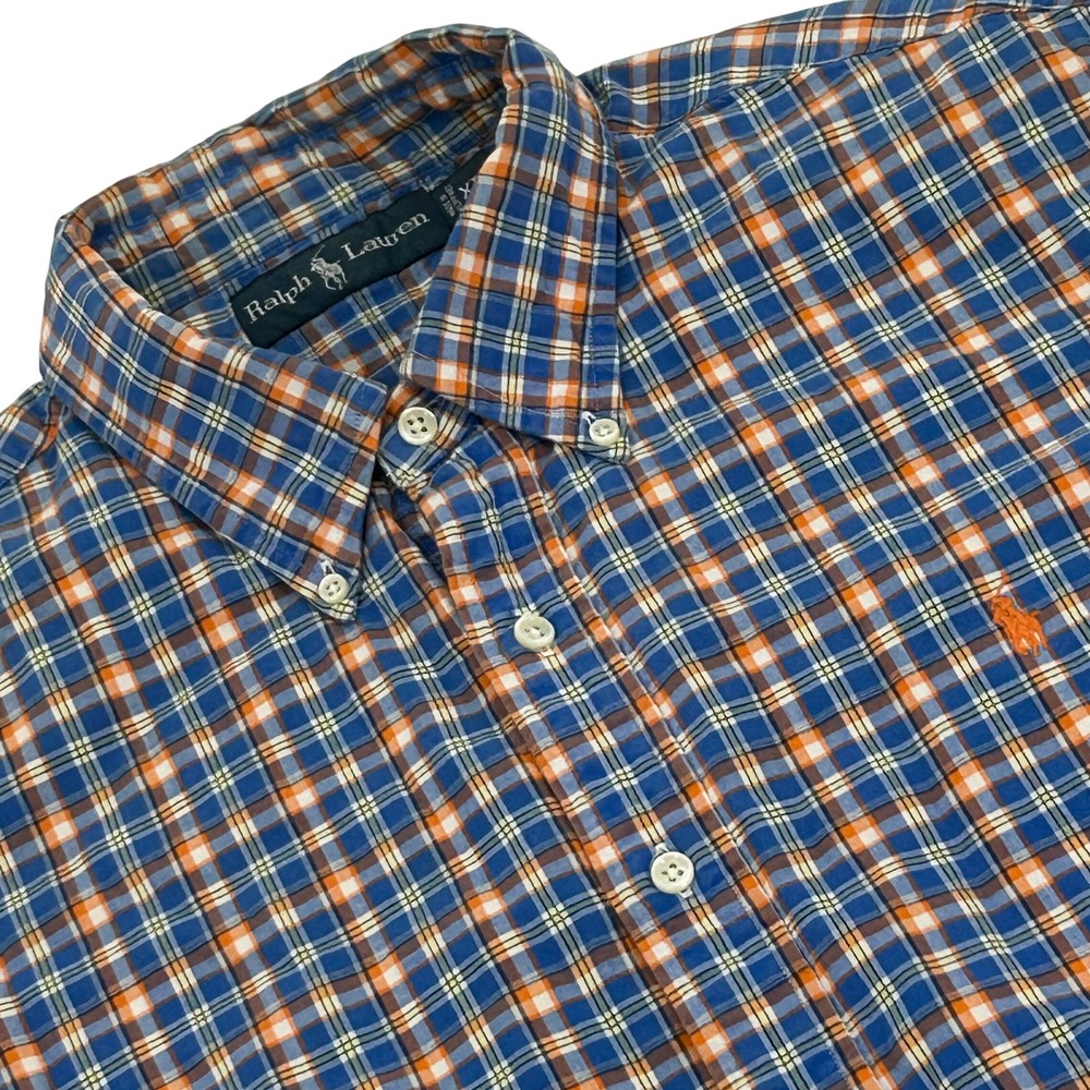 Ralph Lauren Button Down Shirt Mens XL Blue Orange Plaid Double Faced Cotton